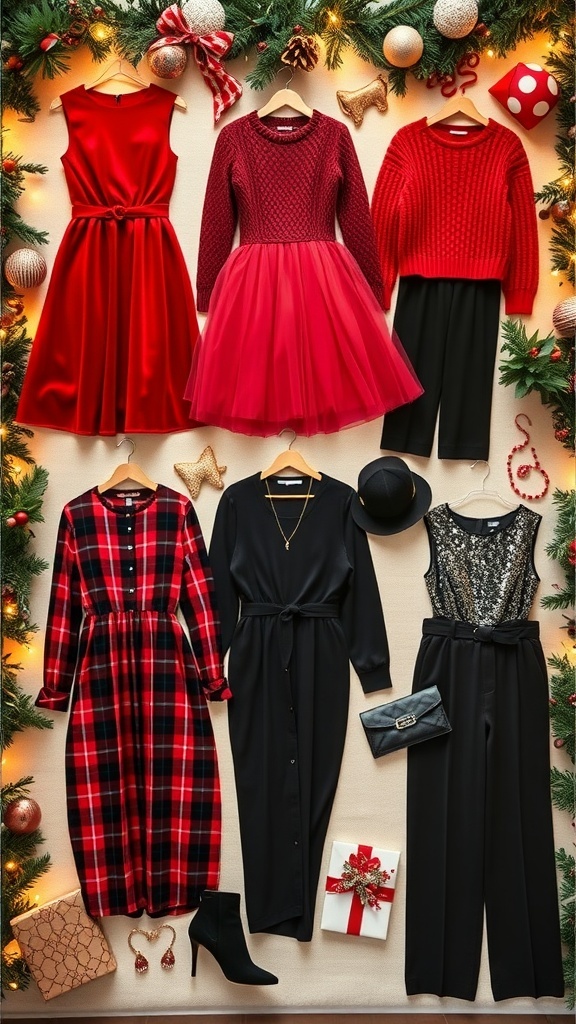 Festive Christmas Outfit Ideas for Women A collection of stylish Christmas outfits for women displayed with festive decorations.